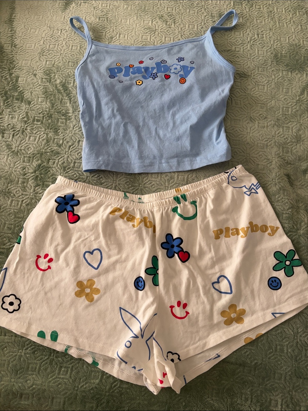PacSun Light Blue Tank Top and White Floral Bunny Print Pajama Shorts Set